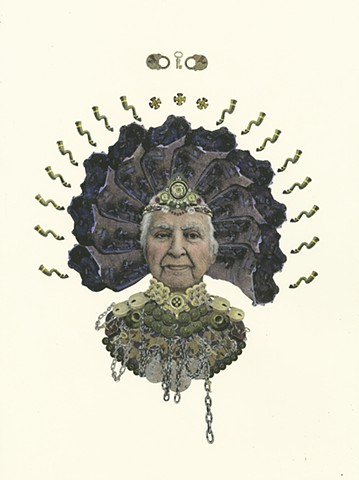 Drawing and screenprint of woman with robe of chains and locks, halo of car parts by Amy J. Fleming