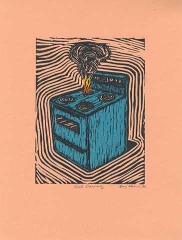 Print, linoleum cut print relief print, burning stove