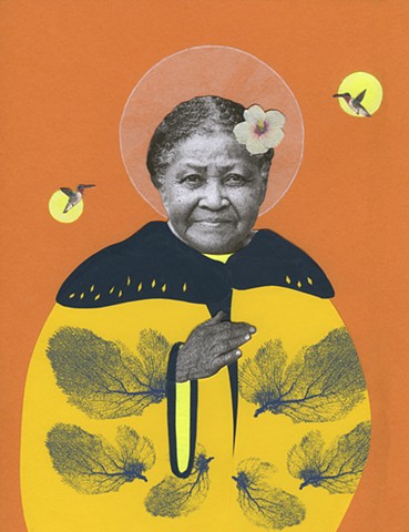 Beautiful elder woman Florida Keys with screen print collage, bright colors, hummingbirds