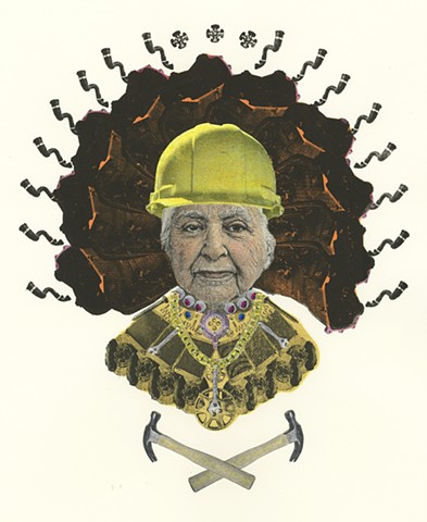 Screen Print, works on paper, collage, drawing of woman with car parts hard hat, wrench, hammer by Amy J. Fleming