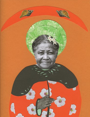 Woman with orange gown, horse conchs, hibiscus flowers