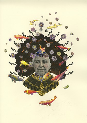 Screenprint drawing with passion flowers, koi fish automotive parts collage by Amy J. Fleming