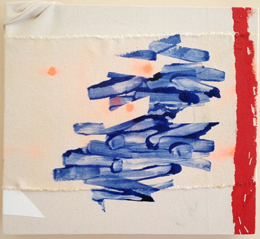 raw canvas, blue lines, orange dots, red line with staple marks along side