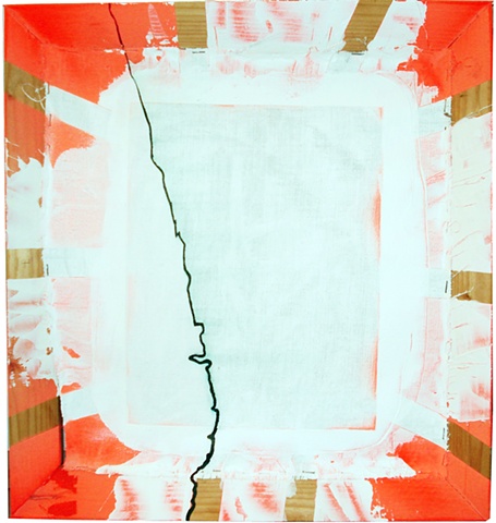 orange spray & white gesso on canvas and frame green stripe