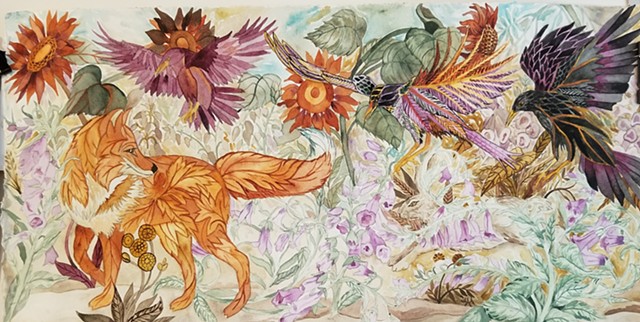 Donna Essig original painting fox crows foxglove sunflowers