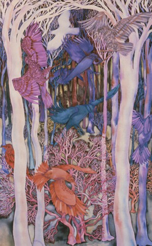Donna Essig original watercolor painting landscape pattern forest birds