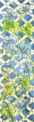 watercolor painting of morning glories on trellis by Donna Essig