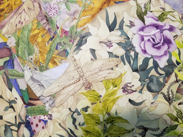Donna Essig original painting white rabbits garden dragonflies flowers