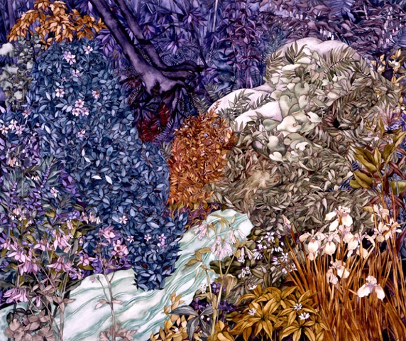 Donna Essig original watercolor painting forest stream irises