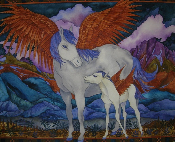 Donna Essig original watercolor painting mythological creatures Winged Horses