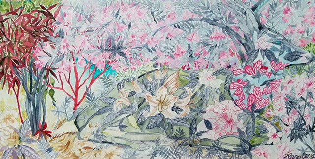 Donna Essig original painting deer azaleas weigela