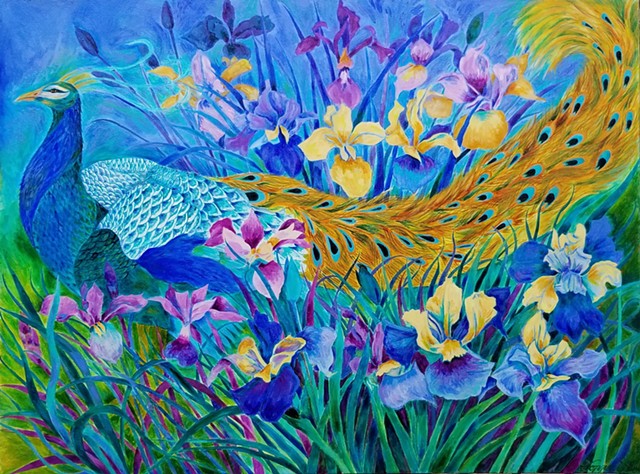 Donna Essig original painting peacocks irises 