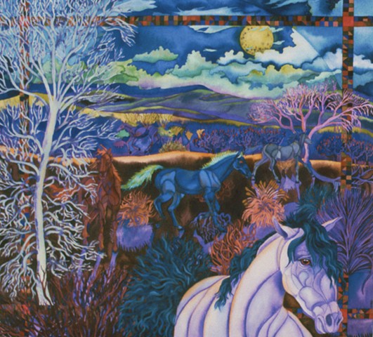 Donna Essig original watercolor painting landscape prairie horses