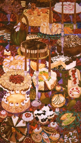 Donna Essig original watercolor painting desserts cakes tarts