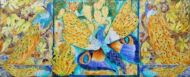 Donna Essig original painting peacocks butterfly figs hops Market Gallery Roanoke Virginia