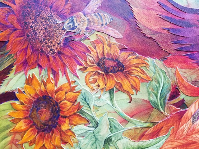 Donna Essig original painting fox crows foxglove sunflowers