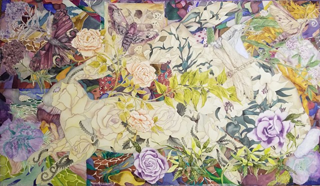 Donna Essig original painting white rabbits garden