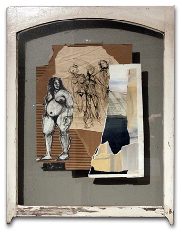 Dynamic, bold collage of original figure studies and found objects.