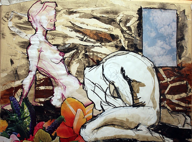 Dynamic, bold collage of original figure studies and found objects.