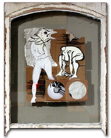 Dynamic, bold collage of original figure studies and found objects.