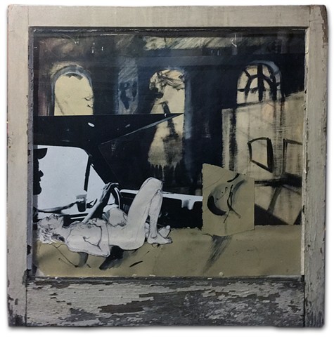 Dynamic, bold collage of original figure studies and found objects.