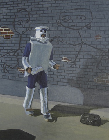 man dressed as robot dancing