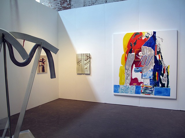 Installation photo of EJ Hauser (paintings) & Dave Hardy (sculpture) in the Regina Rex booth at the NEWD Art Show 2014.