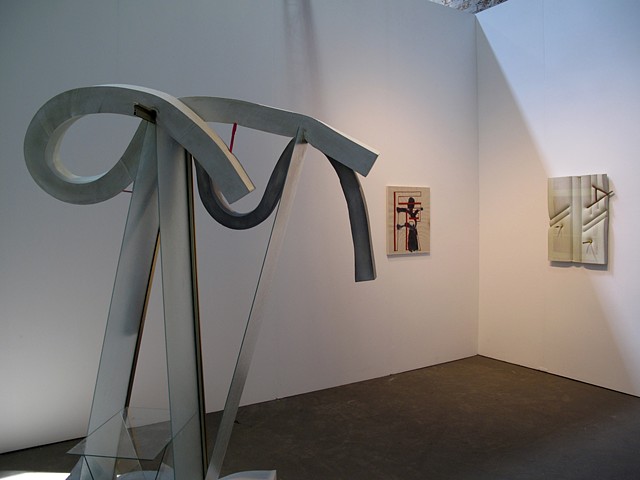 Installation photo of EJ Hauser (paintings) & Dave Hardy (sculpture) in the Regina Rex booth at the NEWD Art Show 2014.