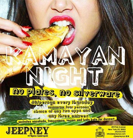 JEEPNEY Filipino Gastropub
|http://www.jeepneynyc.com|_*JEEPNEY*_|
Flier for KAMAYAN  NIGHT
