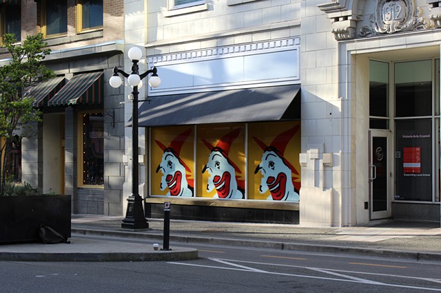 McWitch (painting installation) Latex on reverse painted glass, 72” x 258” (182.88 x 655.32 cm), Victoria Ars Council. Curated by Kegan McFadden and coproduced by Deluge contemporary art. 