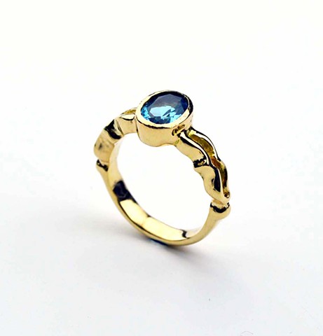 Wedding Ring: 18k Gold & Blue Topaz. Wax carving & cast
