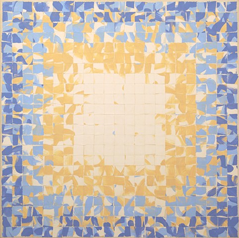 Textural paper grid painted blue, ochre and white forming a square within a square.