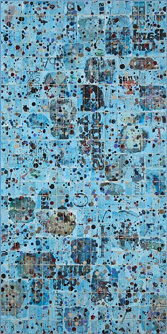 Photo paper grid painted blue marked with transfer imagery and acrylic.