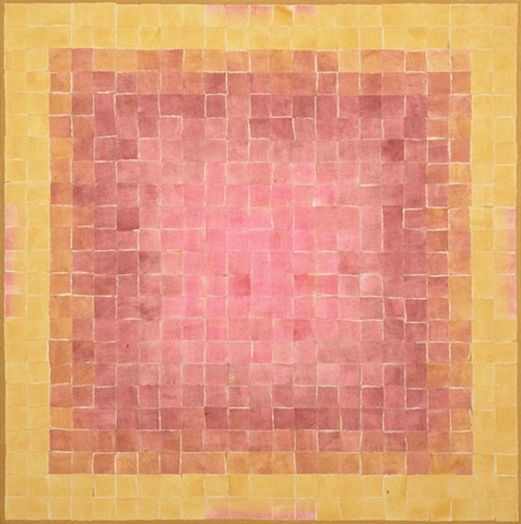 Textural paper grid painted rose and yellow forming a square within a square.
