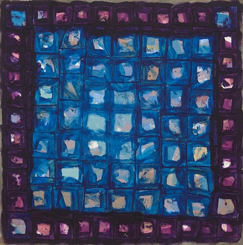Grid of irregular paper squares overpainted in dark blue and black with lighter colored centers evoking the flickering of video monitors. 