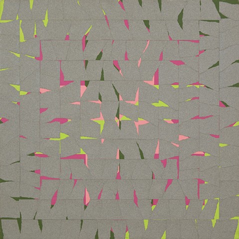 Gray paper fragments over painted lime and forest green, bright pink and magenta diamond patterns.