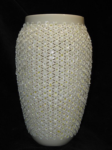 wheel thrown & hand cut porcelain - inset with 1000+ lantana blossoms- opalescent overglaze