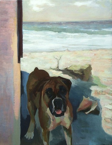 Dog art pet portrait painting of Boxer on beach in Mexico at Playa del Carmen