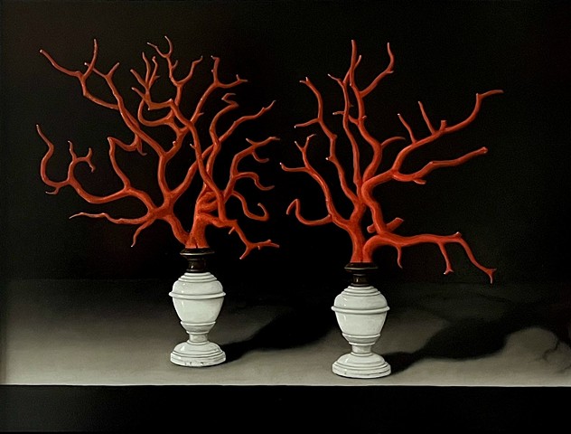 Two Red Corals with Ivory Stands