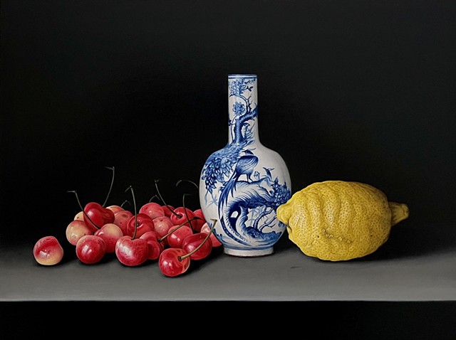 Rainier Cherries with a Lemon and a Chinese Vase