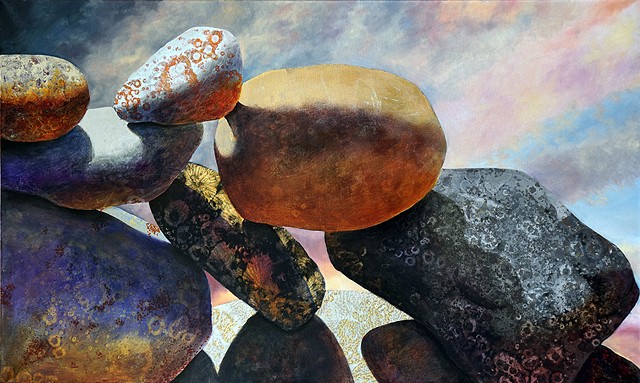 cairn, rocks, acrylic painting, oil painting, metallic leaf