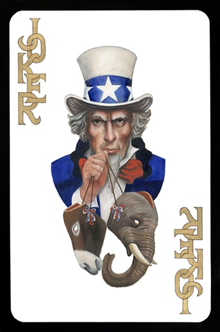 Joker card with Uncle Sam holding masks of the donkey and elephant