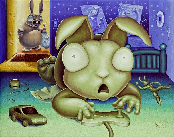 Painting of  Gaming bunny in messy room ignoring angry father about taking out the trash