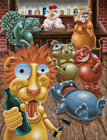 Painting of Drunk animals in bar