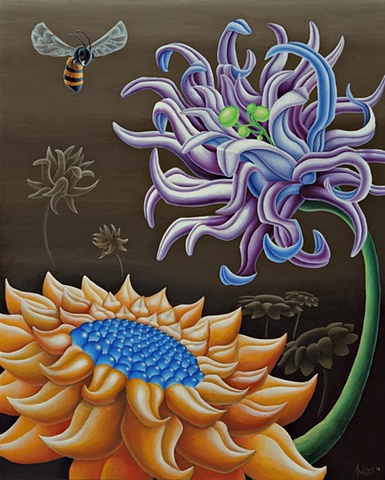Painting of Two bright stylized flowers with happy bee.