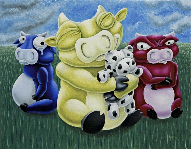 Painting of  Happy cow with teddy bear while a sad cow and an angry cow look on.