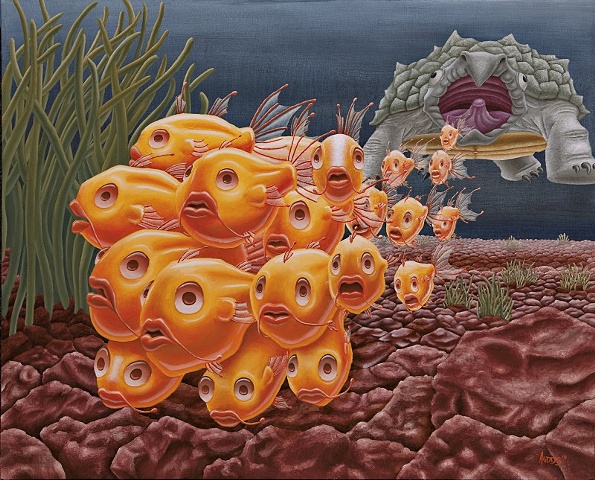 Painting of scared fish fleeing hungry turtle