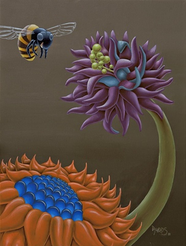 Painting of Two bright stylized flowers with happy bee.