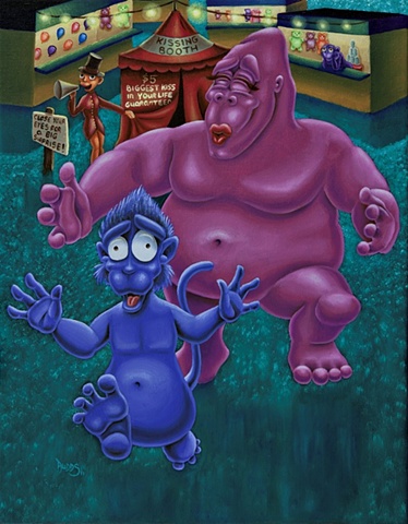 Painting of  Monkey running from kissy gorilla of the kissing booth at carnival.