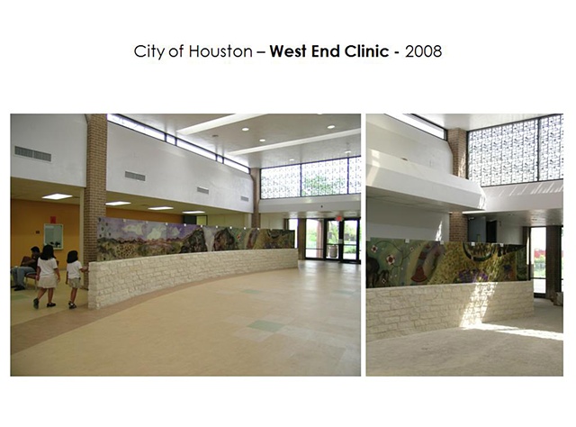 Good Neighbor Healthcare Center. Houston, Texas. 
Partition Wall - 2008.
81 linear feet of country stone clad pocket wall with 27 Laminated glass panels.

